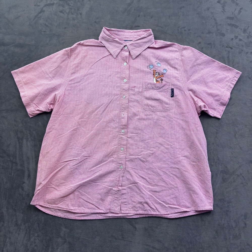 Vintage Disney Pooh Tigger Gingham Button Down Shirt Pink White Short Sleeve